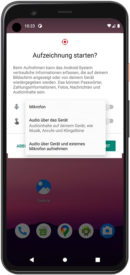 Android-Bildschirm zum Aufzeichnen von Nachrichten Primo N2